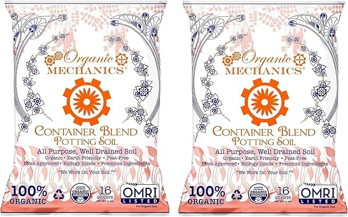 Organic Mechanics Container Blend Potting Soil, 16 qt (Pack of 2) All-Purpose, Peat-Free, Well-Drained Blend with Compost, Rice Hulls, and Worm Castings for Growing Annuals, Perennials, Woody Plants