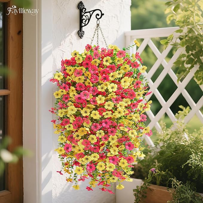Artificial Hanging Flowers for Outdoors Spring Summer Decoration, 4PCS UV Resistant Silk Fake Hanging Plants for Patio Porch Front Yard Window Garden Indoor Decor(Hot Pink&Yellow,4PCS)
