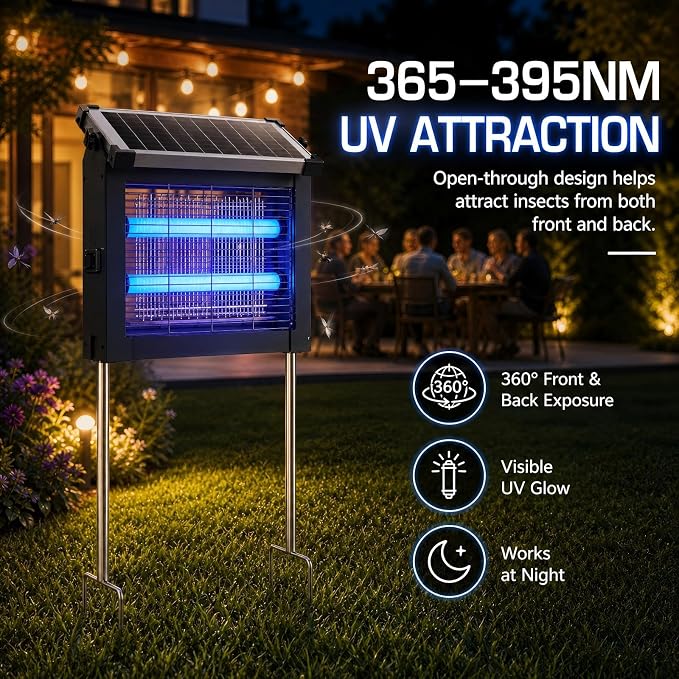Solar Bug Zapper Outdoor Waterproof, Mosquito Zapper USB-C Rechargeable Solar Bug Zapper Outdoor, 4500V Electric Bug Zapper, Mosquito Trap Fly Zapper Killer for Patio Garden Backyard Camping Garage