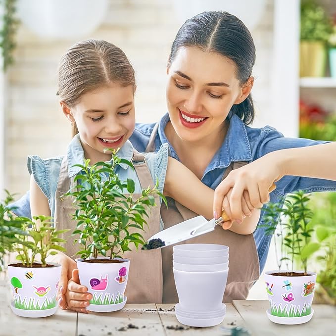 Domensi 12 Pack Garden Pot Craft Kit 4 Inch DIY Spring Crafts for Kids Bulk Plastic Flower Plant Pot Plastic Planter with Tray Drainage Holes with Tag, Certificate of Award, Sticker (White)