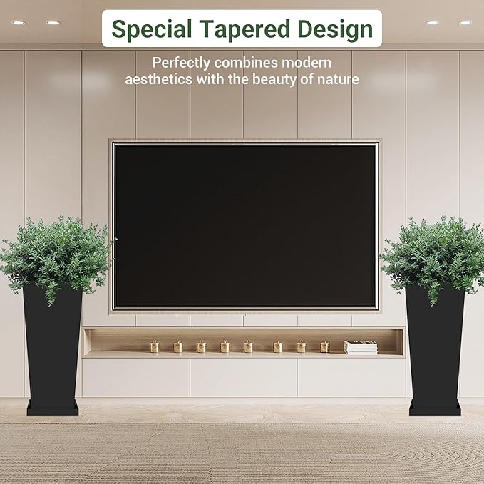 Metal Tall Planters 30inch Set of 2,Durable Taper Planter with Drainage Insert Shelve & Trays, Metal Outdoor Planter Box for Porch, Garden, Patio, Yard (Black)