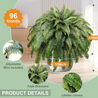 51" Fake Ferns Artificial Plants Large, 96 Fronds Artificial Ferns for Outdoors and Indoors, Realistic Extra Large Faux Boston Fern with Vines for Planter Porch Patio Home Office Decor, UV Resistant