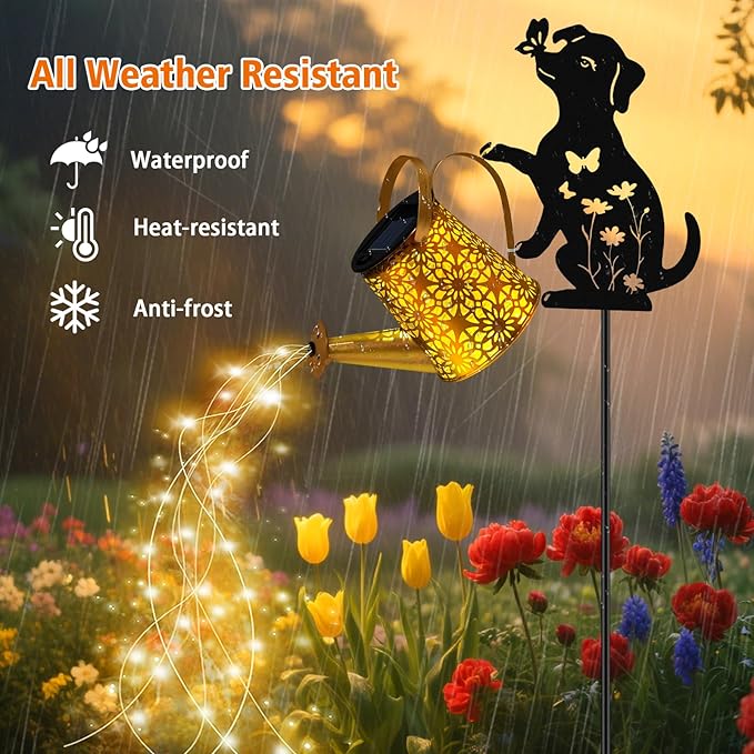 Solar Lights Outdoor, Dog Solar Watering_Can Lights, Birthday Gifts for Women Mom Mother's Day Christmas, Waterproof Metal Hanging Lantern Garden Decor Outside Patio Yard Pathway Backyard, 2 Pack