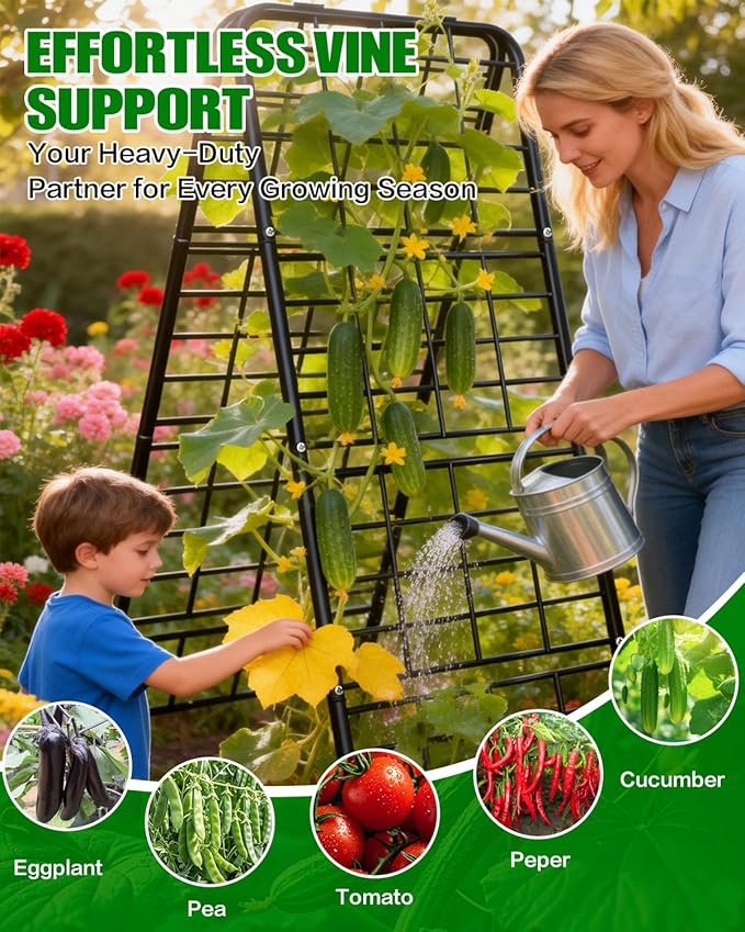 Joyhalo Heavy Duty Adjustable A-Frame Cucumber Trellis for Climbing Plants, 50.4"x17" All-Metal Garden Trellis with Dense Grid Climbing Frame for Raised Beds, Tomatoes, Cucumbers & Outdoor Vines