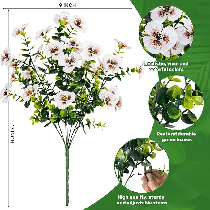 17 Inch Artificial Faux Pansy Flowers for Outdoor,Fake Pansies Flowers with Eucalyptus Leaves Fake Plants Greenery Boxwood Porch Patio Decor 6 Bundles(Dark Purple,Red,White)