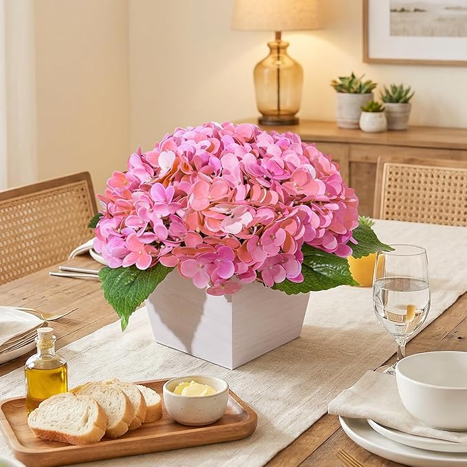 Artificial Hydrangea Flowers Arrangement in Wood Planter, 4PCS Fake Pink Flowers in Wooden Vase Potted Floral Centerpieces for Tables Living Room Home Office Room Shelf Kitchen Decor