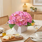 Artificial Hydrangea Flowers Arrangement in Wood Planter, 4PCS Fake Pink Flowers in Wooden Vase Potted Floral Centerpieces for Tables Living Room Home Office Room Shelf Kitchen Decor