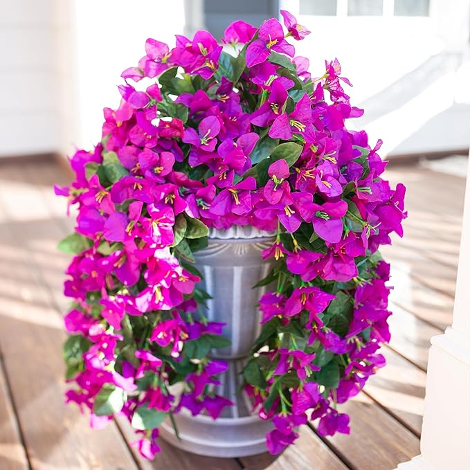 HyeFlora Bougainvillea Artificial Hanging Flowers Plants for Outdoors Decoration, 2pcs Purple Fake Flowers Silk Bougainvillea Vines Realistic UV Resistant Faux Flowers for Outdoor Planters Patio Urn