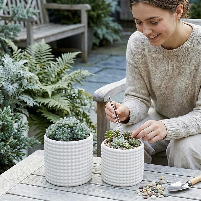MyGift 6 Inch Ceramic Round Planter Pot, Set of 2 Vintage-Style White Ceramic Flower Pots, Indoor Hobnail Textured Cylindrical Succulent Plant Containers