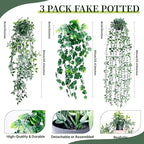 Artificial Hanging Plants for Shelf, 3-Pack Fake Potted Greenery Faux Mandala Monstera and Eucalyptus Vines in Black Pot, Décor for Office Living Room Bathroom Indoor Outdoor