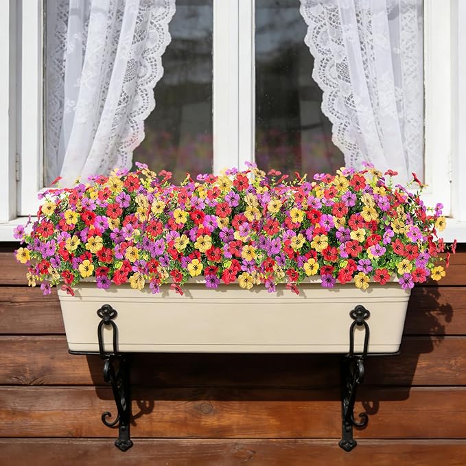 Artificial Flowers for Outdoors Potted Spring Decor, 12 Bundles Fake Summer Daisy with Realistic Eucalyptus Leaves, Faux Plants for Greenery Boxwood Porch Patio Garden Pot Lawn(Red Purple Yellow)