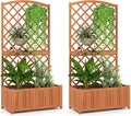 Giantex Solid Acacia Wood Planter Box with Trellis, 63" Set of 2 Raised Garden Bed with Trellis, Plant Box, Slat Base, Outdoor Privacy Planter for Vine Climbing Plants Flowers, Garden, Patio, Balcony