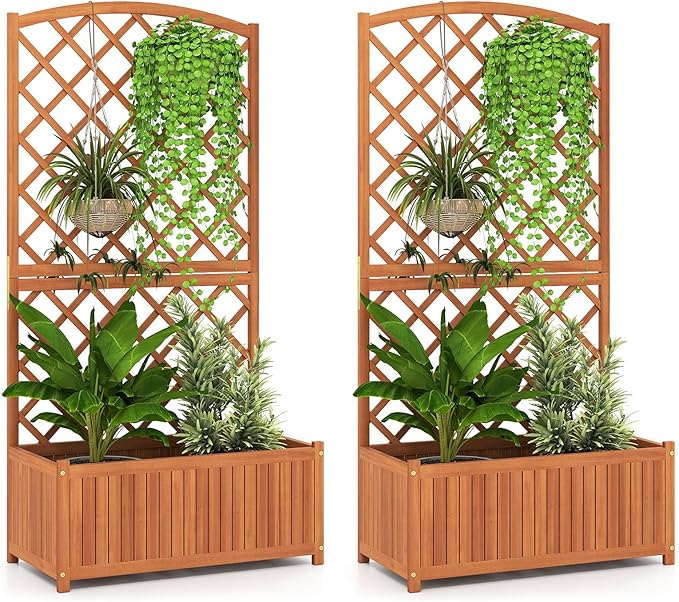 Giantex Solid Acacia Wood Planter Box with Trellis, 63" Set of 2 Raised Garden Bed with Trellis, Plant Box, Slat Base, Outdoor Privacy Planter for Vine Climbing Plants Flowers, Garden, Patio, Balcony