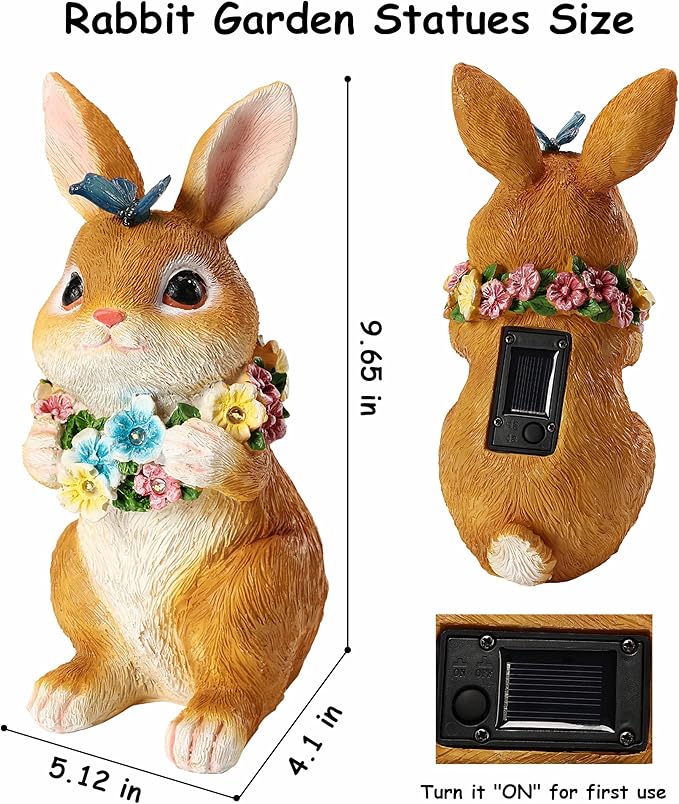 Solar Garden Statues Outdoor Bunny Decorations with Butterfly & Flowers Gifts for Mom, Grandma Spring Decor with 6 LED Night Accent Lights for Patio, Yard & Lawn, Mother Day Christmas Day Figurine