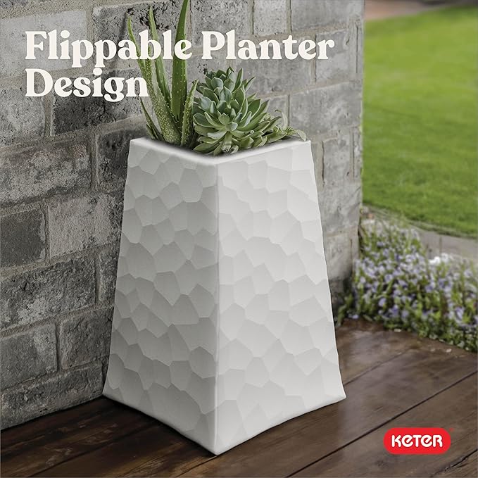 Keter Stone Tapered Planter Set of 2, Tall 26.4‑Inch Resin Outdoor Flower Pots with Stone‑Look Finish and 12.2‑Gallon Capacity, Cream