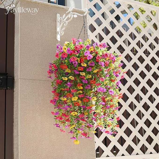 Artificial Hanging Flowers for Outdoors Spring Summer Decoration, 8PCS UV Resistant Silk Fake Hanging Plants for Patio Porch Front Yard Window Garden Indoor Decor(Spring Color,8PCS)