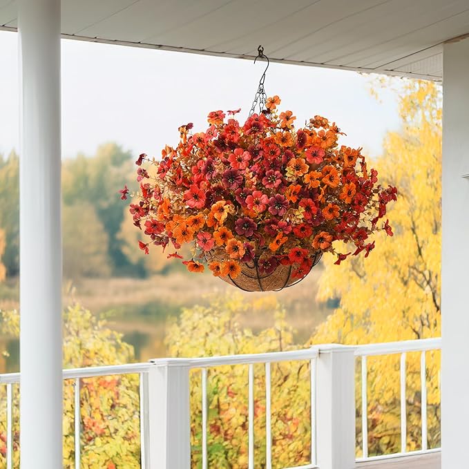 Artificial Fake Fall Hanging Plants Flowers Basket, Faux Silk Daisy in Planter Realistic UV Resistant for Outside Home Patio Balcony Yard Autumn Outdoor Decoration (Orange Brown Red)