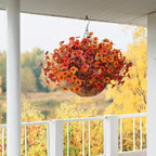 Artificial Fake Fall Hanging Plants Flowers Basket, Faux Silk Daisy in Planter Realistic UV Resistant for Outside Home Patio Balcony Yard Autumn Outdoor Decoration (Orange Brown Red)