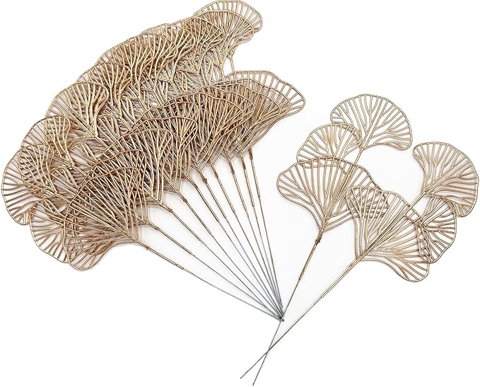Golden Ginkgo Leaves Stems Christmas Decoration, Artificial Plants Fake Plastic Simulation Apricot Leaf Grass for Wedding Party Indoor Home Office DIY Crafts Flowers Bouquet Xmas Gold Decor - 12 Pack