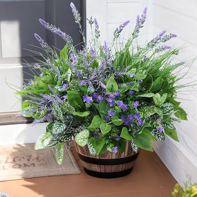 Starttag 18PCS Artificial Plants for Outdoor Decor Realistic Faux Greenery & Flowers Fake Plastic Leaves with Stems UV Resistant Outside Bushes for Garden Patio and Porch