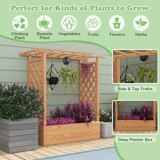 LDAILY Raised Garden Bed with Trellis, Above Ground Garden Bed with Hanging Roof, Side Trellis, & 4 Drainage Holes, Planter Box for Outdoor Climbing Plants Vines Flowers (2, 43.5"L x 17.5"W x 44.5"H)