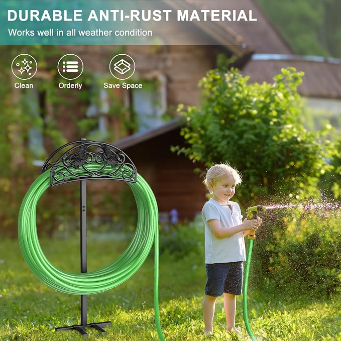Keten Garden Hose Holder, Detachable Metal Water Hose Holder Stand, Heavy Duty Freestanding Garden Hose Reel Rack and Hose Storage Organizer for Outside Yard