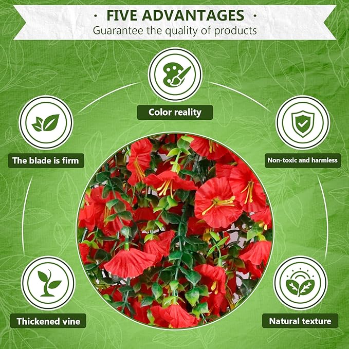 4-Pack Fake Hanging Plants, Faux Hanging Plant Artificial Greenery for Living Room Bedroom Boho Wall Shelf Indoor Outdoor Decor (Red Morning Glory)