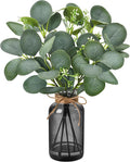 Der Rose 13.5" Fake Plants for Black Bathroom Decor Artificial Eucalyptus Stems in Black Glass Vase with Faux Water for Office Desk Accessories Farmhouse Home Table Centerpiece Decor（Sage Green）