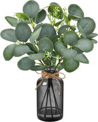 Der Rose 13.5" Fake Plants for Black Bathroom Decor Artificial Eucalyptus Stems in Black Glass Vase with Faux Water for Office Desk Accessories Farmhouse Home Table Centerpiece Decor（Sage Green）