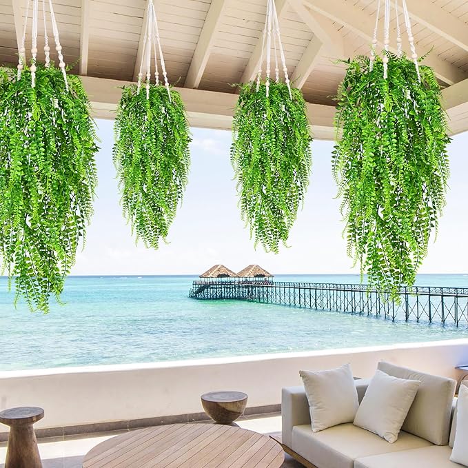 Waipfaru 8Pcs Fake Ferns Fake Hanging Plants Artificial Ferns for Outdoors，UV Resistant Plastic Fake Plants for Indoor Wall Porch Wedding Party Holiday Decor