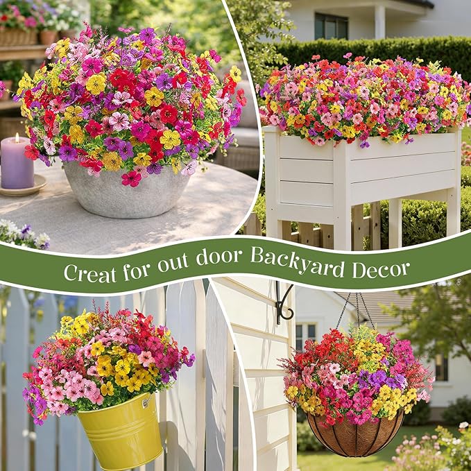 SHareconn 48 Bundles Artificial Flowers for Outdoors Decoration, Faux Plants Fake Silk Colorful Daisy Eucalyptus Lavender, UV Resistant for Outside Home Porch Patio Indoor Spring Decor, Mix 5 Colors
