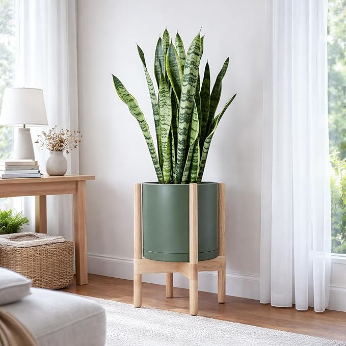 D'vine Dev Planter Pot with Stand - 10 Inch Plastic Cylinder Flower Pot with Wood Planter Holder for Indoor, Olive Pot + Natural Stand, 55-C-M-3