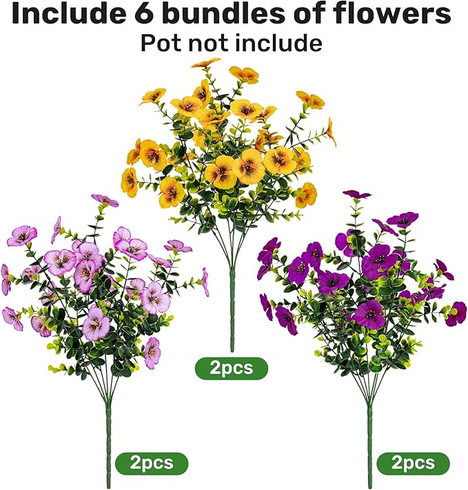 17 Inch Artificial Faux Pansy Flowers for Outdoor,Fake Pansies Flowers with Eucalyptus Leaves Fake Plants Greenery Boxwood Porch Patio Decor 6 Bundles(Pink Purple,Dark Yellow,Magenta)