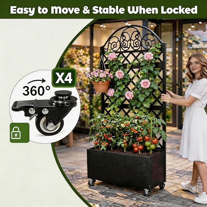 Privacy Planters for Patio, 73" Ornamental Metal Planter Box with Trellis & Locking Wheels, Scrollwork Arch Raised Garden Bed for Climbing Plants Roses Vines, Outdoor Flower Box with Drainage
