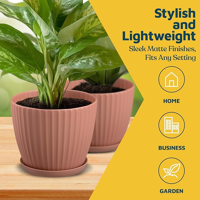 Pink 6-Inch Plant Pots with Drainage & Saucers 3 Pack, Indoor & Outdoor Planters for Houseplants, Herbs, and Flowers, Durable & Weatherproof Material, Stackable, Lightweight, Minimalist Design