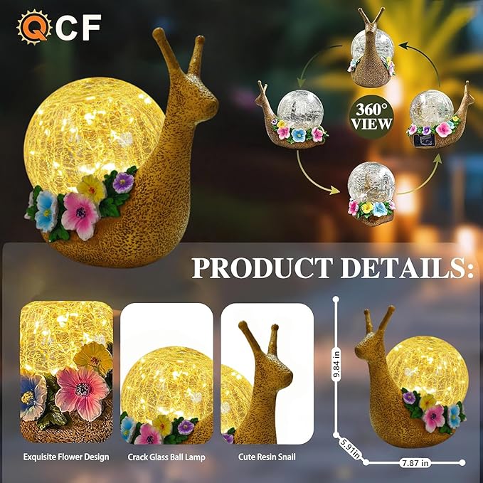 Solar Snail Garden Decorations Outdoor Lights Yard Decor,Resin Fariy Statues Cracked Glass lamp Outside for Backyard Patio Lawn Porch,Unique Gifts for Women Mom Grandma