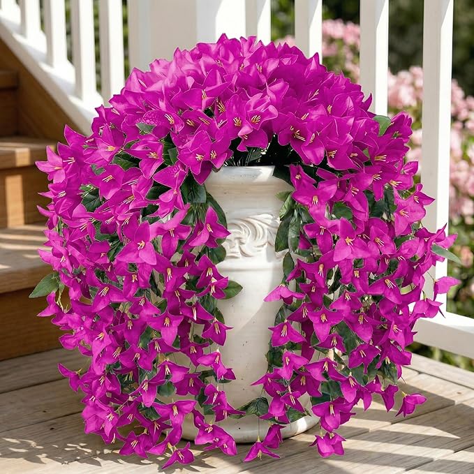 Artificial Flowers for Outdoors Fake Fuchsia Bougainvillea Hanging Flower Decoration, 2Pcs Realistic Faux Silk Plants Long Trailing Vines, Spring Decor for Porch Patio Balcony Planter Yard