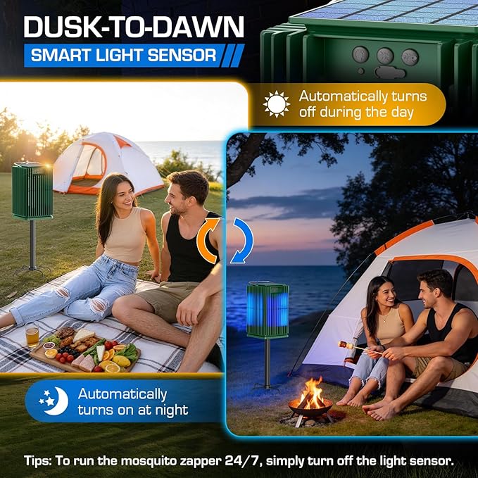 Solar Bug Zapper Outdoor, Waterproof Mosquito Zapper Type-C & Solar Powered, Auto On/Off, Cordless 4200V Electric Fly Zapper, 5000mAh Rechargeable Mosquito Trap Killer for Patio Backyard Camping