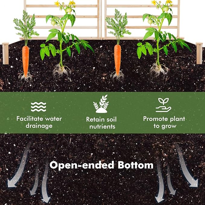 HAPPYGRILL Raised Garden Bed with 3 Trellises, Outdoor Wood Raised Bed w/ 2 Planter Boxes for Flowers, Vegetables, Fruits Climbing Vines, Elevated Garden Box for Yard Patio, 88" L x 45" W x 43" H
