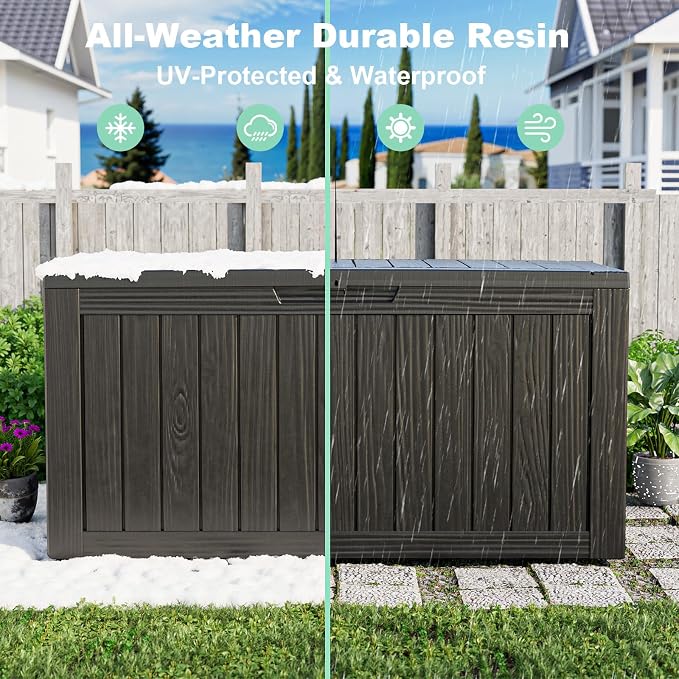 86 Gallon Deck Box, Lockable Waterproof Outdoor Storage Boxes For Garden Tools,Indoor Cushions,Accessories Outside Storage Resin Weatherproof Container(Black)