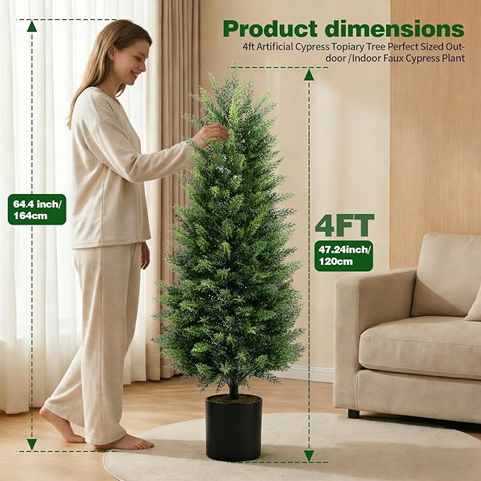 Joyooss Artificial Topiary Cedar Tree,4FT Faux Outdoor Plants Front Porch Decor 2 Set Evergreen Shrubs Fake Plant Artificial Bushes Cypress Trees with Flowerpot for Home Living Room Front Door Decor