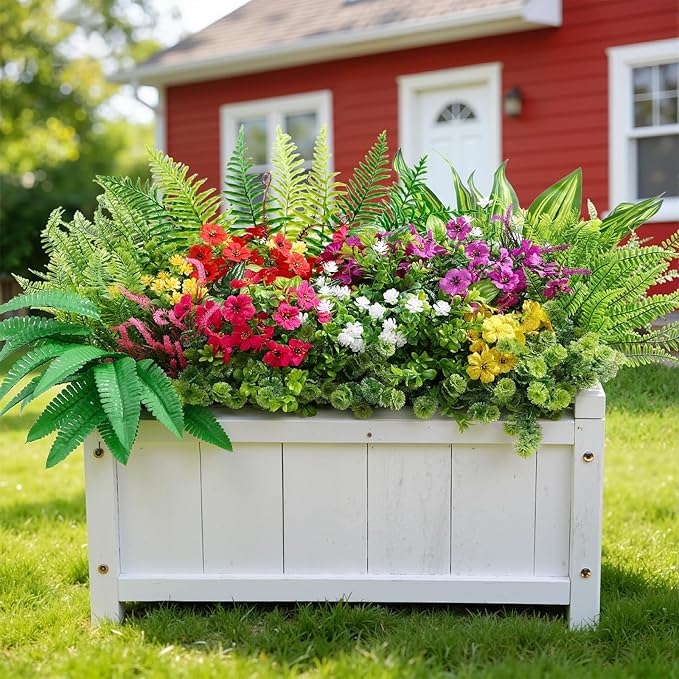 Alupssuc 24 Pcs Artificial Plants Flowers for Outdoors, Realistic Faux UV Resistant Greenery & Silk Flowers,Fake Plastic Shrubs Stems No Fade for Indoor Outside Garden Patio Spring Planter Home Decor