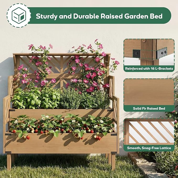PetsCosset Raised Garden Bed with Trellis, 2-Tier Elevated Planter Box with Legs & Top Shelf, Liner, Metal Corners, Wooden Garden Beds for for Climbing Plants, Flower, Vegetables, Herbs