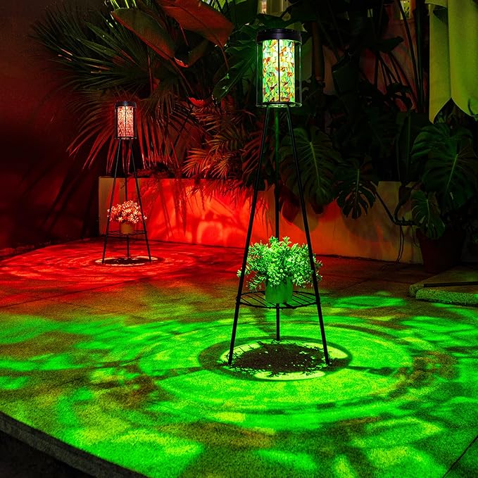 Outdoor Lamps for Patio 2 Pack, Outdoor Floor Lamp with Plant Stand, Solar Powered RGB Outdoor Lights, Waterproof Standing Lamp for Garden Yard Décor, Stained Glass Decorative Lamp, Gift for Women Mom