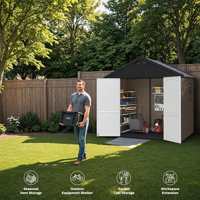 Patiowell 8 x 6 FT Plastic Outdoor Storage Shed with Floor, Resin Shed with Window and Lockable Door for Garden, Backyard, Tool Storage Use, Easy Assemble, Gray (Kick-it Shed)