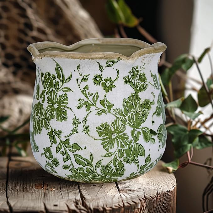 Dosayes Rustic Ceramic Planter, 6 Inch Tuscan Vintage Flower Pot with Drainage, Farmhouse Garden Pot for Indoor Plants, Kitchen & Garden Tuscan Decor, Plant Lover Gift (Green)