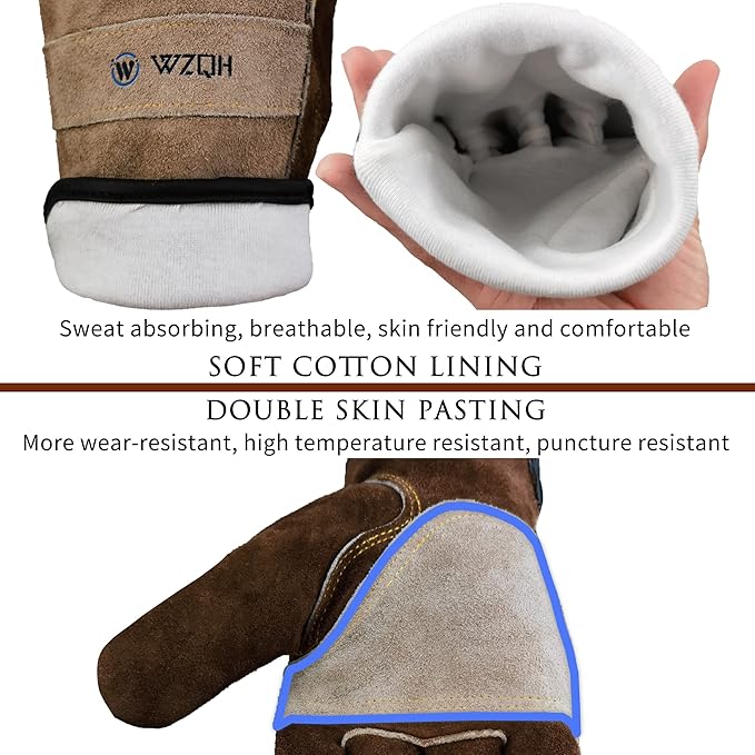 WZQH Leather Work Gloves for Men or Women. X-Large Glove for Gardening, Tig/Mig Welding, Construction, Chainsaw, Farm, Ranch, etc. Cowhide, Cotton Lined, Utility, Firm Grip, Durable. Coffee-grey XL