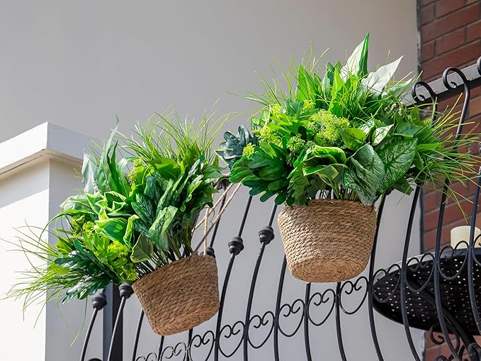 Green Moon 18 Bundles Artificial Plants Outdoor, Faux Bushes Plastic Fake Greenery Stems Shrubs UV Resistant for Indoor Outside Hanging Plants Front Porch Home Garden Window Box Spring Summer Decor