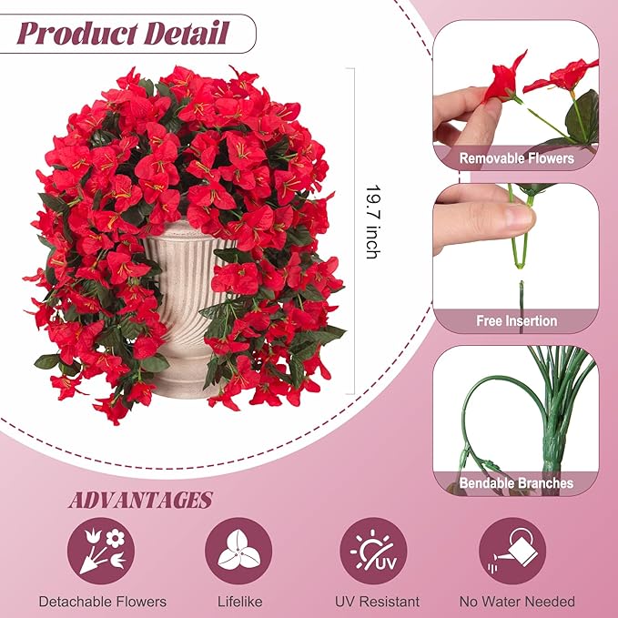 2 pcs Artificial Faux Bougainvillea Flowers Plants for Outdoor Outside Summer Decoration, Fake Silk UV Resistant Long Trailing Vines for Front Door Porch Planter Balcony