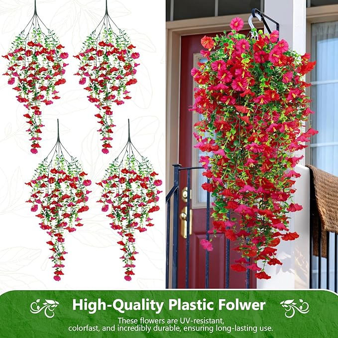 4-Pack Fake Hanging Plants, Faux Hanging Plant Artificial Greenery for Living Room Bedroom Boho Wall Shelf Indoor Outdoor Decor (Light Purple Pink Morning Glory)